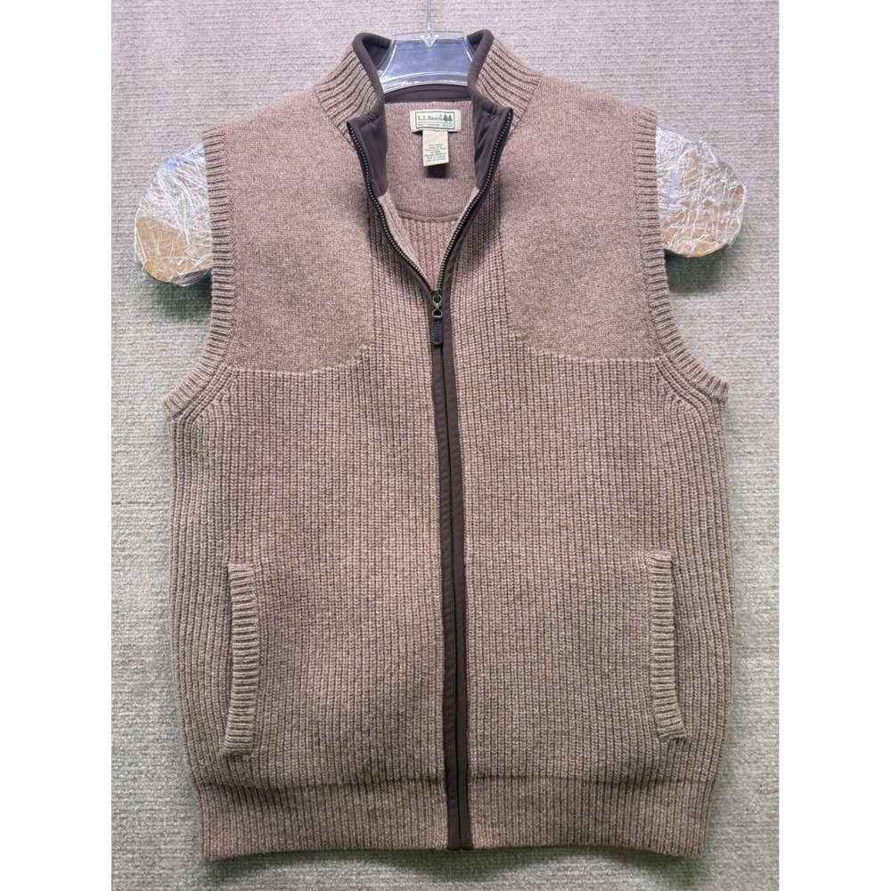 LL Bean Sweater Vest Mens M Brown Good Merino Lambswool Full Zip Ribbed 245457